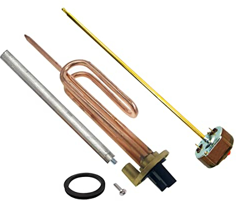 Kit Repuesto Resistencia Termo Eléctrico, contiene 1 Resistencia eléctrica curva sumergible 1500 W, 1 Junta de goma, 1 Tornillo fijación, 1 Ánodo de magnesio, 1 Termostato de varilla de 270 mm.