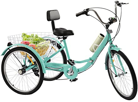 RainWeel Dreirad für Erwachsene 24 Zoll Faltbares Dreirad Lastenfahrrad Faltrad 7-Gang Tricycle mit Einkaufskorb,Becherhalter und Licht (Türkis)