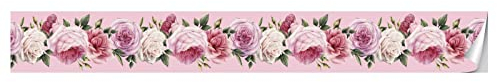 VisitRyl Bordure de papier peint Pivoine Rose Décoration murale amovible Frise Murale Autocollant Papier Peint Autocollant imperméable en PVC Plinthe Autocollant 15x300cm
