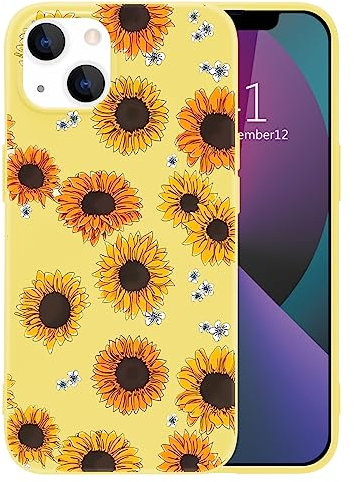 MAYCARI Aesthetic Sunflower Phone Case for iPhone 14 Pro Max, Yellow Liquid Silicone Girly Cases,Cartoon Soft Gel Rubber Full-Body Protective Microfiber Lining Shockproof Cover