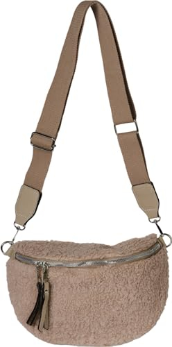 styleBREAKER Damen Teddyfell Halbmond Crossbody Schultertaschen Einfarbig, verstellbarer Schultergurt 02012403, Farbe:Taupe