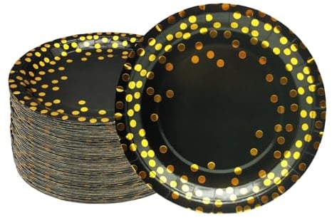 CEILIWEN Piatti di carta dorati, piatti per feste neri e oro, confezione da 100, piatti neri da 23 cm, piatti di carta a pois neri e dorati, piatti di carta, decorazioni per feste (23 cm, 100 pezzi)