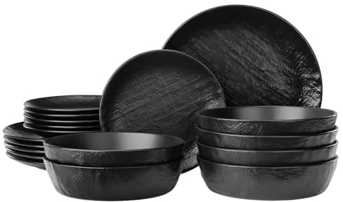 Navaris Vajilla Completa para 6 Personas - Vajillas Completas Modernas de Gres - 18x Platos Vajilla con Platos y Cuencos - Apto para Microondas Lavavajillas y Horno - Negro carbón