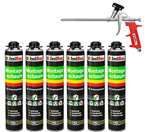 Isolbau Bauschaum-Set - Inkl. 6 x 1K Montageschaum B2 Pistolenschaum mit hervorragender Schall und Wärmedämmung (je 750 ml) & 1x Schaumpistole, Abdichten