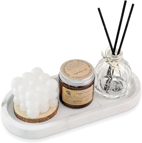 WORHE Natural Marble Vanity Tray Italy Oval Stone Trays for Candles Perfume, Decorative Jewelry Dish for Small Items, Countertop Storage Organizer for Home Bathroom Kitchen Matte Surface White BH101