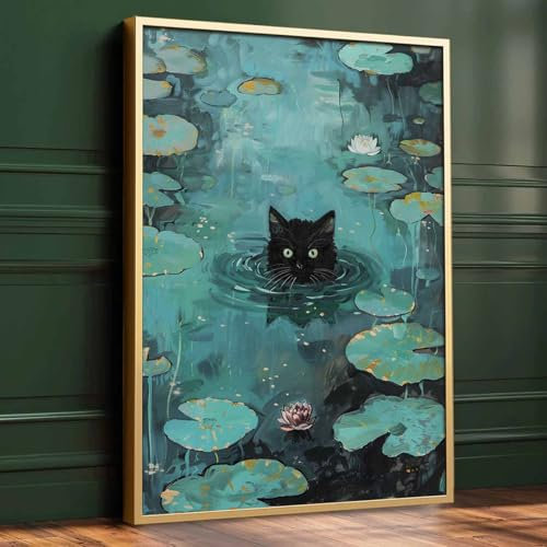 Monet Leinwandbild, Motiv: Monets, Seerosen, Poster, niedliche Katze, Wandkunst, lustige Katze, Monet-Druck, Vintage-Monet-Poster, Monet-Gemälde, ästhetische Wohnzimmer-Dekoration, 40,6 x 61 cm, ohne