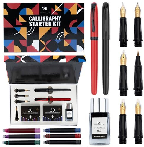 Wordsworth and Black Kalligraphie-Stiftset - Schwarz - 2 Kalligraphie-Stifte, 18-ML-Tintenflasche, 60 Tintenpatronen, Tintenauffüllkonverter, 1 mittlere und 4 breite Federn, Pinselstift