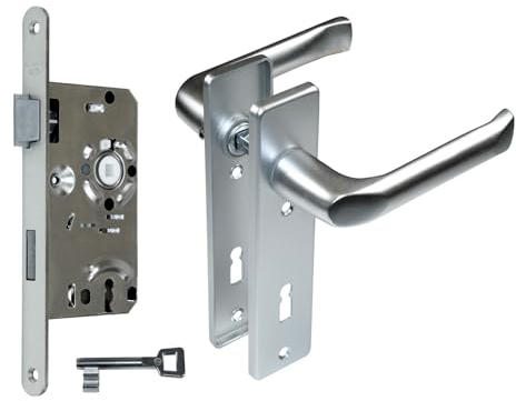 BKS Zimmertür/Wohnungstür/Badezimmer Komplett Set, inclusive Aluminium Schild Beschlag (BB Buntbartschlüssel, DIN LINKS, Kurzschild 165mm x 40mm)