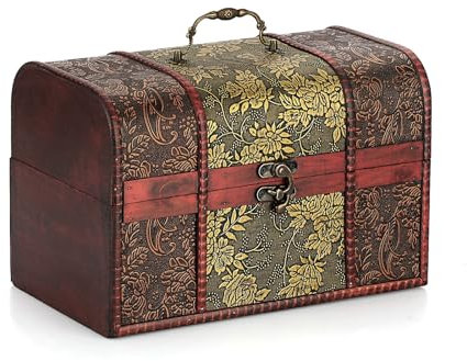 IGNPION Wooden Pirate Treasure Chest Boxes with Flower Motifs, Vintage Style Gift Box Decorative Jewelry Trinket Storage Chest Box, Wood Keepsake Box for Coin Collection,Letter(XL)