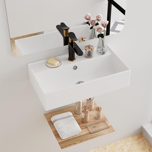 Hugsleek Schwimmende Wandhalterung für Badezimmer, 53,3 x 30,5 cm, rechteckig, weißes Porzellan, Keramikgefäß, Spüle, Wandmontage, Hängen, Badewanne, Waschbecken, Waschtisch, Toilette mit