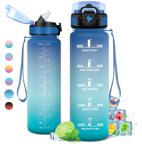 KollyKolla Borraccia 1L, Borraccia con Cannuccia, Borraccia Palestra a Prova di Perdite, Bottiglia d'acqua Sportiva con Indicatore del Tempo, Borraccia Motivazionale per Adulto, Bici, Viaggio