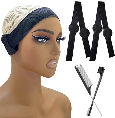 Hebterrka Lot de 2 bandeaux de perruque avec cache-oreilles - Bande élastique pour perruque - Avec 2 brosses à dos lisse (noir)