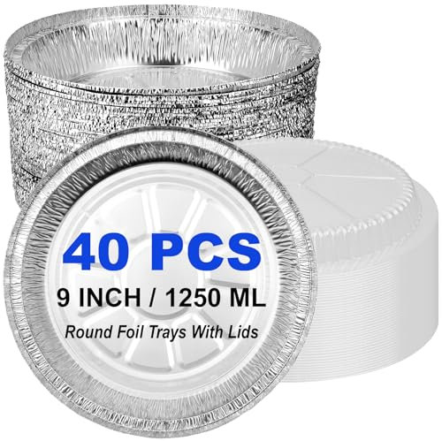 Abaigeal Paquete de 40 bandejas redondas de papel de aluminio de 9 pulgadas con tapas transparentes, recipientes desechables de aluminio de 1250 ml, platos redondos de papel de aluminio para pasteles,