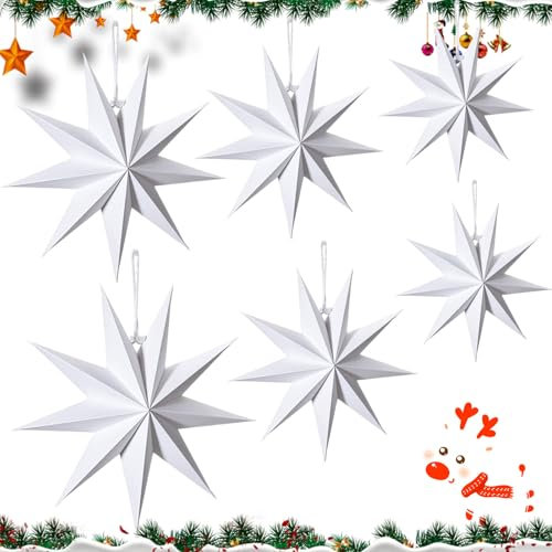 WACH AUF 6 Pezzi Bianco Stella di Carta Natalizia Appendere 3D Stella Pieghevole Natale 9 Punte 25/30/45cm Stelle di Carta Stelle Natalizia Pieghevoli Decorazione per Finestra Avvento Natale Albero