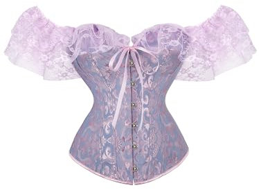 LYSINK Womens Off Shoulder Corset Tops with Lace Sleeve, Tie Front Vintage Floral Boned Overbust, Renaissance Bustier (A-Purple, M)