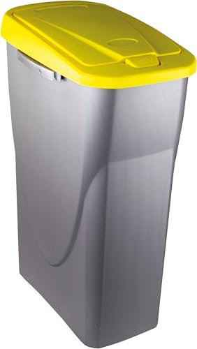 M home by Mazzei Mondex - Poubelle de Tri Sélectif 25L en Plastique - Ouverture facile Push - Cuve Gris Silver avec Couvercle de Couleur Jaune - Idéale pour Cuisine, Cellier - Fabriquée en France