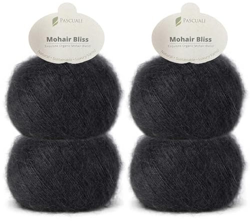 PASCUALI | Mohair Bliss |Strickwolle aus 60% Mohairwolle (Kid Mohair) 40% Seide Wolle Mohairgarn zum Stricken und Häkeln, SET: 4 Knäuel - 100g - Farbe:Kohle 830