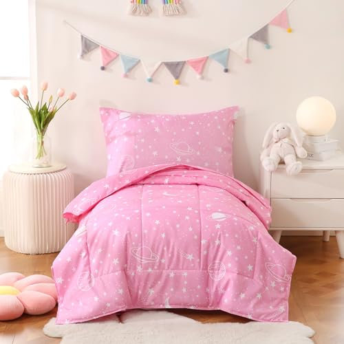JSD Pink Moon Stars Kleinkind-Bettwäsche-Set, 4-teiliges Weltraum-Thema, Bett-in-Bag, Kleinkind-Bettwäsche-Set, maschinenwaschbar