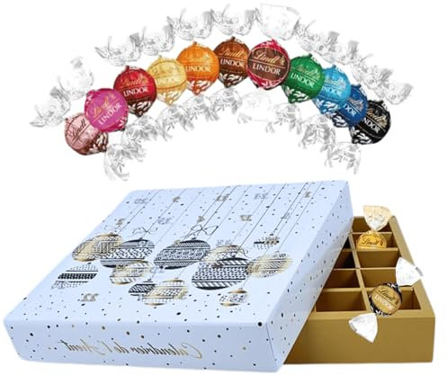 Calendrier de l'Avent LINDOR de LINDT | Assortiment de 50 chocolats blanc, lait, noir - 625 g | 2 bouchées par case pour encore plus de gourmandise à Noël