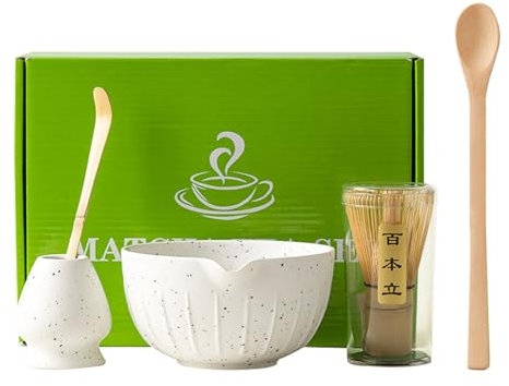 Juego de té matcha con batidor y cuenco, batidor de bambú para matcha, cuchara de matcha, soporte para batidor de matcha, kit de ceremonia de matcha (blanco)