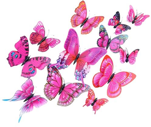 TINA.WIN 3D Farfalle Decorazione Set,12 Pezzi Farfalle Artigianali, Per Matrimonio, Festa, Decorazione Casa, Artificiale, Natale, Decorazione Primavera Fiori (Rosa)