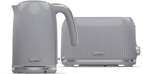 GEEPAS Fluted 1.7L 3000W Cordless Kettle & 2 Slice Toaster Kitchen Set | 1750W Toastie Machine, 7 Browning Control, Crumb Tray, Cancel, Defrost, Reheat, 3000W Jug Kettle, Boil Dry, Auto Shut Off