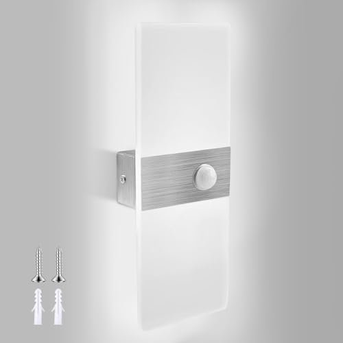 JaneYi Wandleuchte mit Bewegungsmelder Wandlampe Innen Kaltweiß 6000K 12W Wandbeleuchtung LED Acryl Moderne Indirekte Beleuchtung Lampe Wand für Flur Treppenhaus Balkon Wohnzimmer