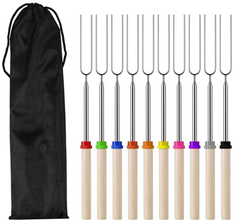 Lot de 10 fourchettes à griller extensibles pour guimauve, 31,5 à 80 cm, bâtons télescopiques en acier inoxydable, accessoires de rôtissage pour feu de camp