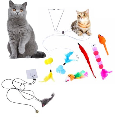 Pdyay 8 Pcs Interactive Cat Toys,Hanging Toy Kits,Cat Feather Toys Hanging Door Retractable Ropes,Mouse Toys Set Kitten Play for Boredom Release