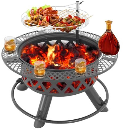 36-Zoll Feuerstelle mit Grill aus Eisen, runder Tisch für Garten & Camping, geeignet für Holz & Kohle, Ø 83,5 x 61 cm, stabil, dekorativ und multifunktional