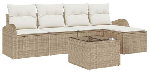 vidaXL 6-teiliges Garten-Sofaset mit Kissen in Beige aus Poly Rattan – Ecksofa für 5 Personen, bequem und stylisch, modernes Design, Tisch, modulare Sitzmöbel für Terrasse, Lounge und Patio.