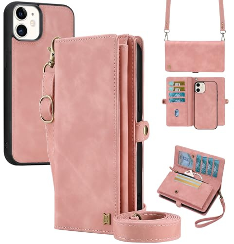 MEGSHI for Wallet Case Compatible with iPhone 12,Multi-Function Detachable 2 in 1 Magnetic iPhone 12 Case Wallet,Flip Strap Zipper Card Holder Phone Case with Shoulder Straps (Pink)