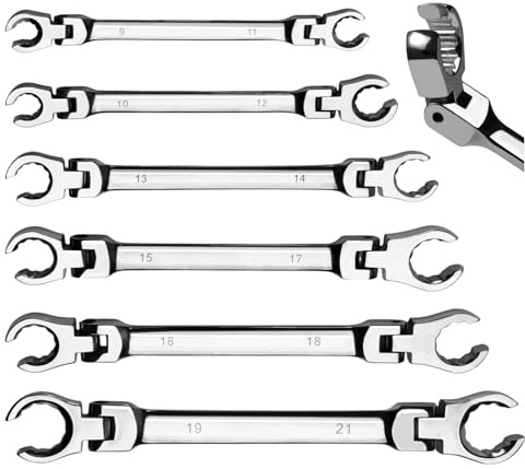 LEONTOOL 6-Piece Flex-Head Flare Nut Wrench Set Metric 9, 10, 11, 12, 13, 14, 15, 17, 18, 19, 21mm | 40 Cr Double Open End Brake Line Wrench for Automotive Brake, Fuel, AC Lines and Plumbing Repairs