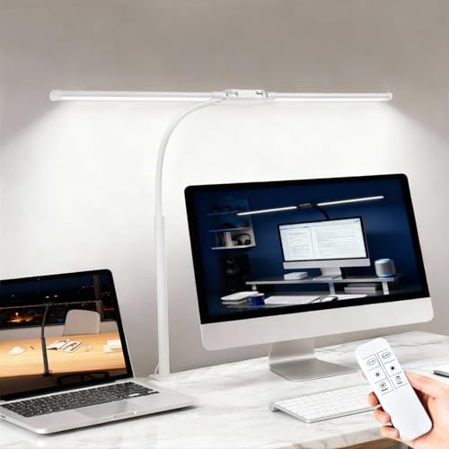 LED Desk Lamp with Clamp, Double Head Adjustable Architect Light,White | Eye-Caring Monitor Desk Lamp for Home Office, Flexible Gooseneck Task Lamp with 10 Brightness Levels & 5 Color Temperature