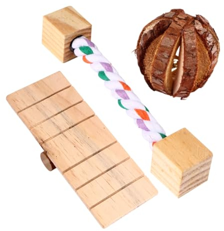 Gatuida 3 Pcs Wooden Hamster Chew Toys Set Bark Fruit Ball, Cotton Rope Block, and Seesaw – Small Size Natural Pet Wooden Chew Toys for Hamsters and Small Rodents