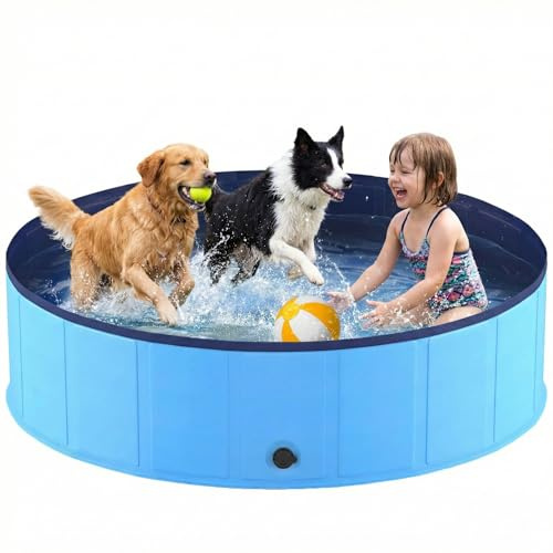 Niubya Foldable Dog Pool & Paddling Pool (160 x 30 cm / 63.0 x 11.8), Collapsible Pet Bath Tub with Non-Slip Base, Portable Indoor/Outdoor Wading Pool for Medium to Large Dogs