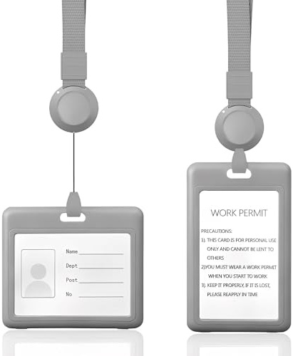 ATTEEFI 2 Stück Kartenhalter Ausweis Transparente Doppelseitig, Ausweishülle mit Band Ausziehbar, Dienstausweis Hülle für Arbeitsausweis, Zugangskarte, ID-Karte, Grau, Horizontal und Vertikal