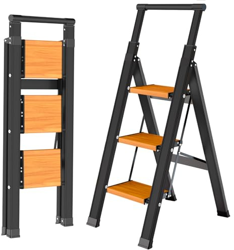 KULACO Escalera Plegable de 3 peldaños con barandilla, Negro y Madera | de Aluminio Antideslizante y Extra Ancha, Ligera hasta 150 kg, para Cocina, hogar y Garaje