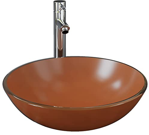 Lavandino bagno in vetro temperato rotondo marrone con rubinetto e scarico push 42 cm lavandino per bagno degli ospiti, lavabo sanitario design moderno