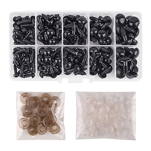 KUUQA 150 Stück 6-12mm Kunststoff Sicherheitsaugen Set mit Unterlegscheiben für Puppe, Marionette, Plüschtier (Schwarz)