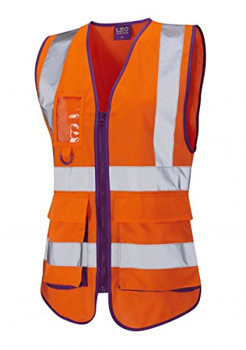 Leo Workwear LYNMOUTH Hi-Vis Multipocket Knitted Polyester Ladies Superior Waistcoat, S, Orange