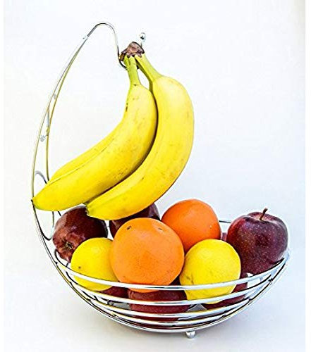 2 in 1 Banana Hook Hanger Tree Fruit Bowl Basket Stand Apple Orange Rack Kitchen Stand (Chrome)