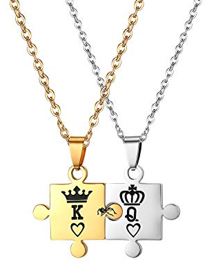 JewelryWe Schmuck Paare Halskette mit Gravur Edelstahl Herz Krone Puzzle Partner-Anhänger Partneketten Freundschaftsketten Pärchen Kette für Herren Damen Gold Silber