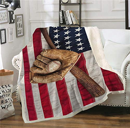 SHOMPE Decke mit amerikanischer Flagge, Baseball-Handschuh, bedruckt, weich, 3D-Plüsch, Sherpa, für Kinder, Herren, Damen, Fleecedecken, 152,4 x 203,2 cm