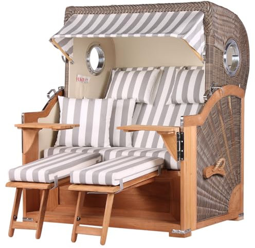 bene living Strandkorb-Set Königssee Teak Bullauge - PE grau - Modell 513 - Liftersystem