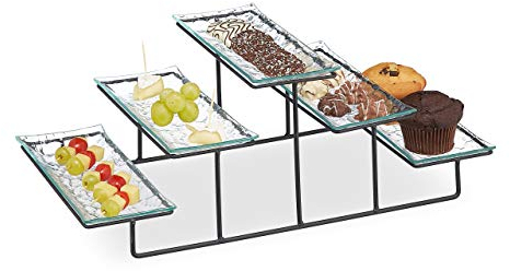 Relaxdays Serviteur gâteau, 3 niveaux, 5 assiettes de service en verre, fer, 17,5 x 46 x 24,5 cm, transparent/noir