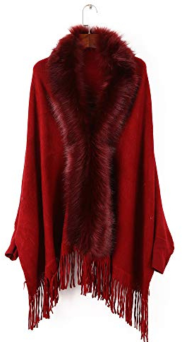 Damen Umhang Cardigan Faux Cashmere Einfarbiger Schal mit Ärmel und Fransensaum Poncho Cape Winter Warm Sweater Coat,red