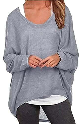 ZIOOER Damen Pulli Fledermausärmel T-Shirt Lose Asymmetrisch Jumper Bluse Langarmshirts Hemd Pullover Sweatshirt Oberteil Oversize Tops Grau XXL