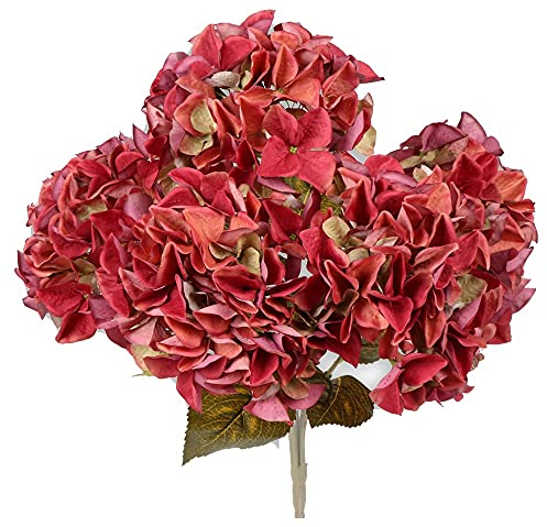 matches21 Hortensien Blüten Kunstblumen Kunstpflanzen Dekosträuße Dekopflanzen 1 Bund à 5 Blüten Ø 18 cm - weinrot Bordeaux