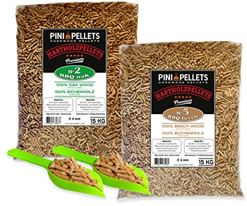 PINI Hartholz Pellets Eiche 15 Kg + Buche 15 Kg für Grill, Smoker, Pizzaofen und Heizungsanlagen